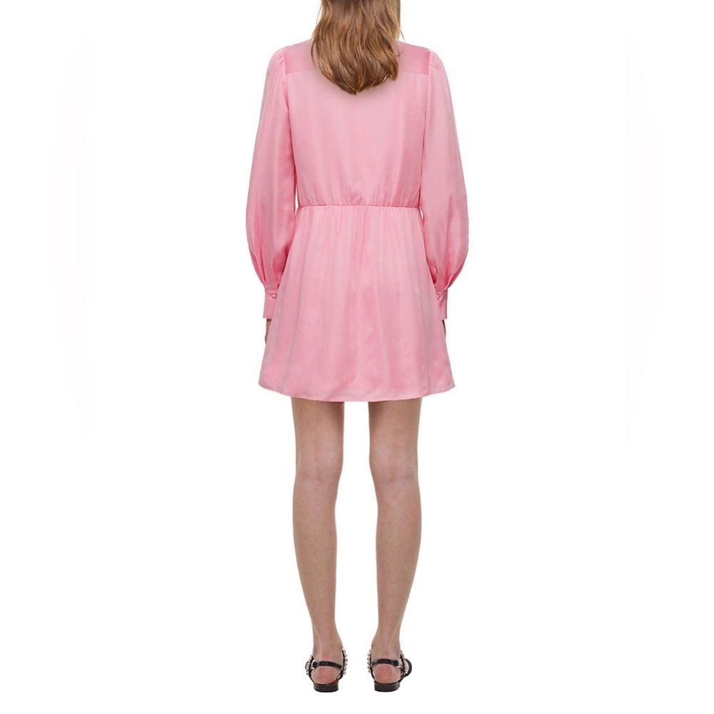 Self-Portrait Satin Viscose Puff-Sleeve Bow-Neck Mini Dress Bubblegum Pink Sz 8 - Picture 5 of 16